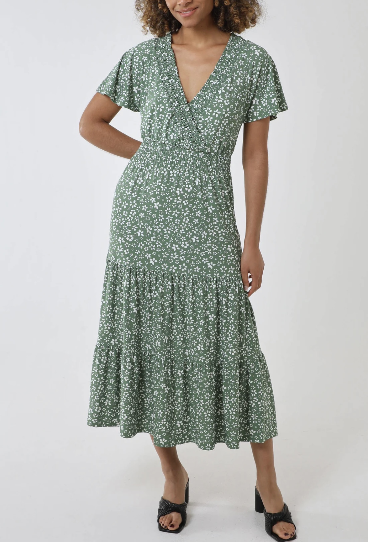 Ditsy Floral Print Wrap Midi Dress – Sage Green